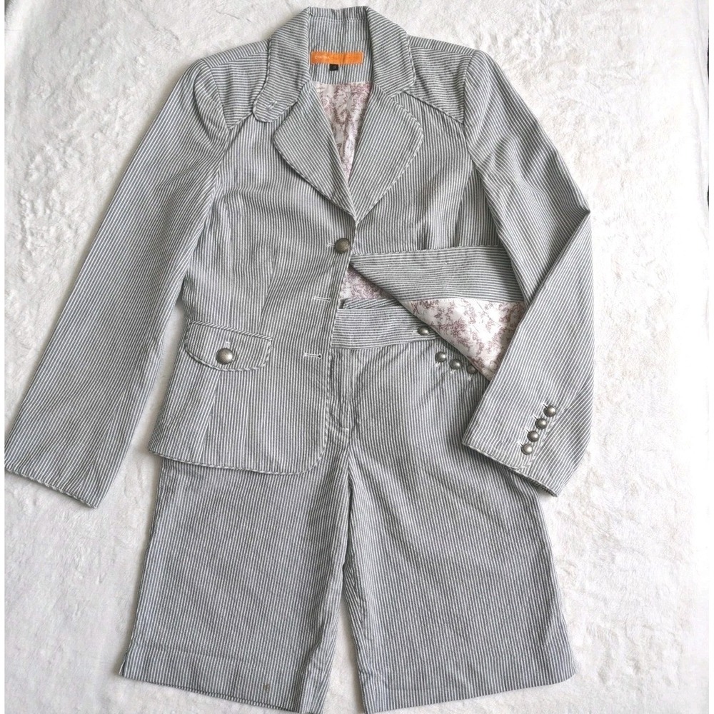 Cynthia Steffe Blue Pinstripe Striped 100% Cotton Blazer Jacket Shorts Set Sz 8